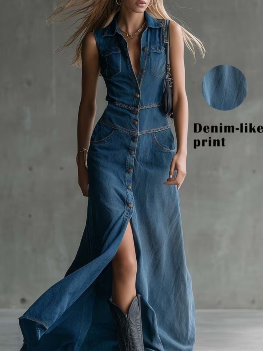 Sleeveless Denim-Style Maxi Dress Jeans - Blue